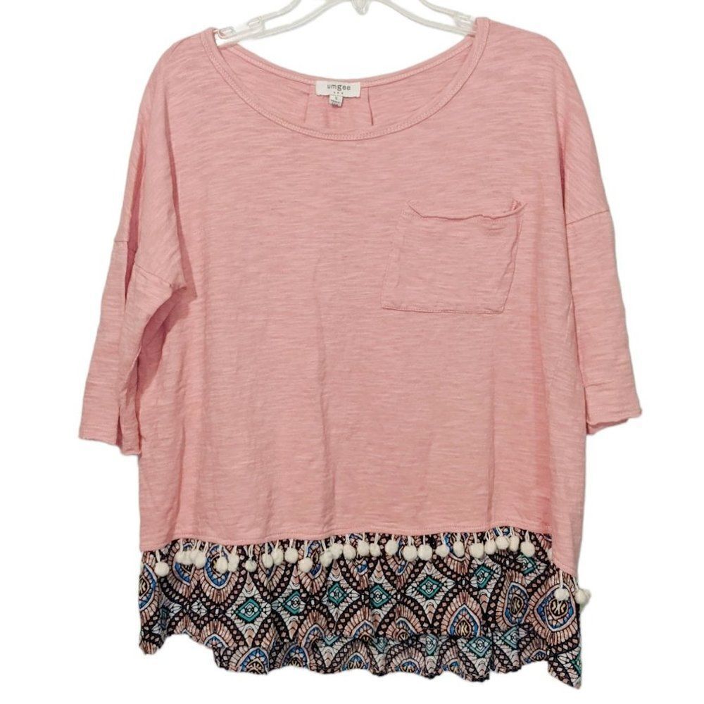 ‎Umgee Womens Pink Boho Tshirt with Pom Pom Trim Size S